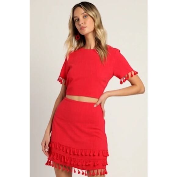 Lulus Made for Madrid Red Tasseled Two-Piece Mini Dress Set Linen Size Small - Picture 2 of 7